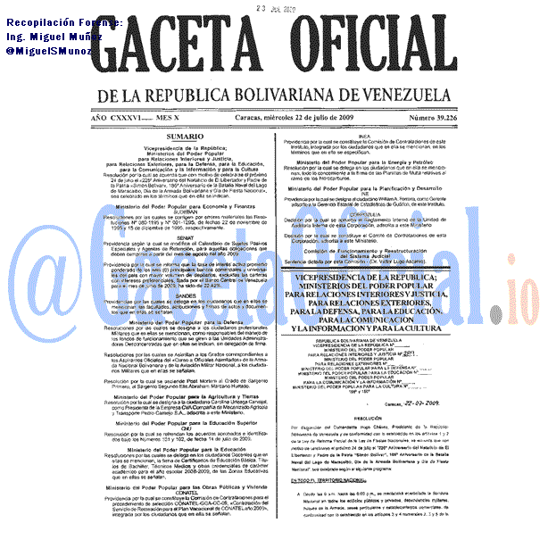 Gaceta Oficial 39226 del 22 Julio 2009