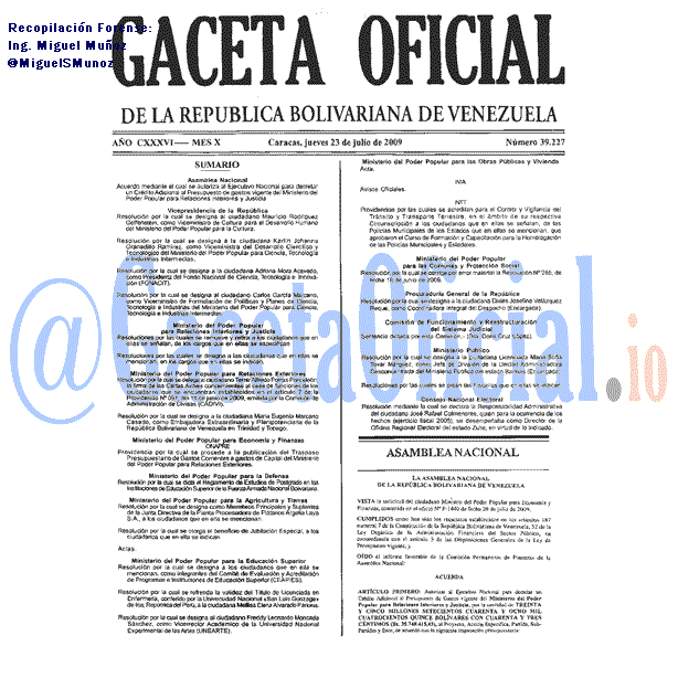 Gaceta Oficial 39227 del 23 Julio 2009