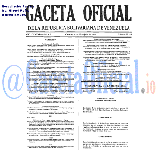 Gaceta Oficial 39228 del 27 Julio 2009