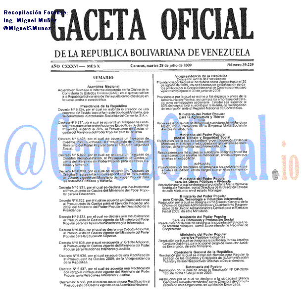 Gaceta Oficial 39229 del 28 Julio 2009
