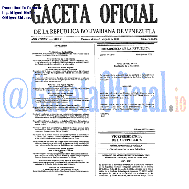 Gaceta Oficial 39232 del 31 Julio 2009