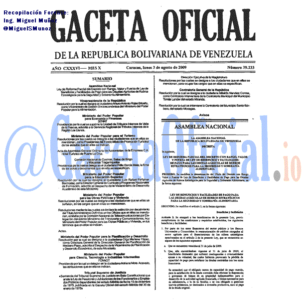Gaceta Oficial 39233 del 3 Agosto 2009