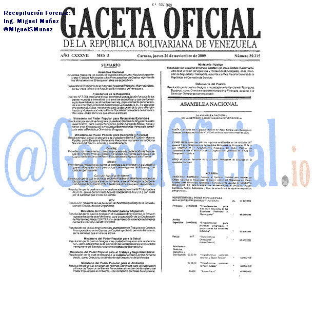Gaceta Oficial 39315 del 26 Noviembre 2009