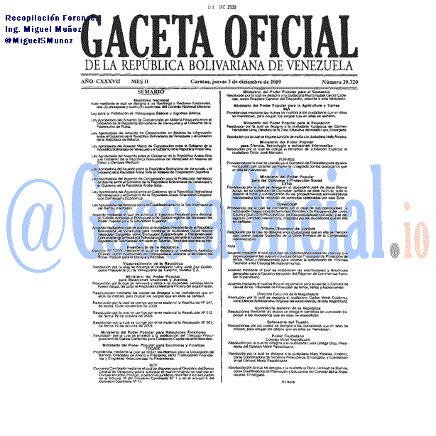 Gaceta Oficial 39320 del 3 Diciembre 2009