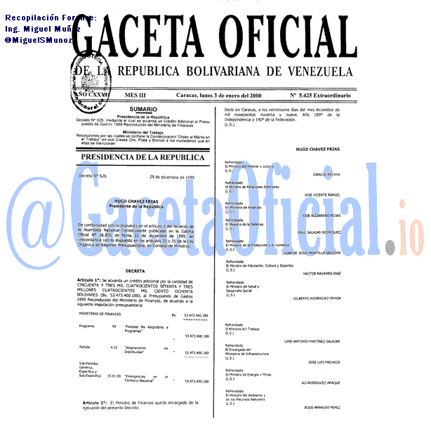 Gaceta Oficial 5425 del 3 Enero 2000