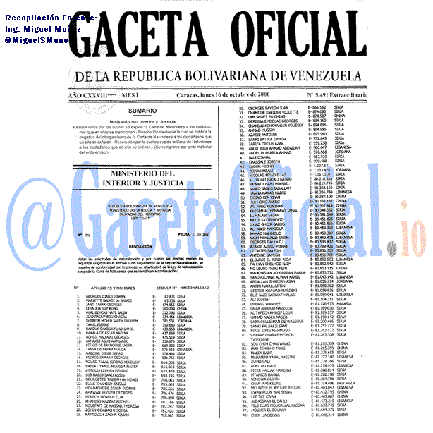 Gaceta Oficial 5491 del 16 Octubre 2000