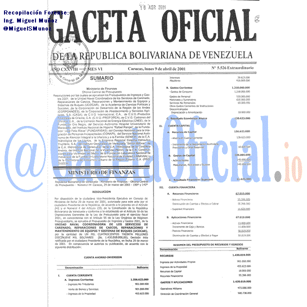 Gaceta Oficial 5526 del 9 Abril 2001