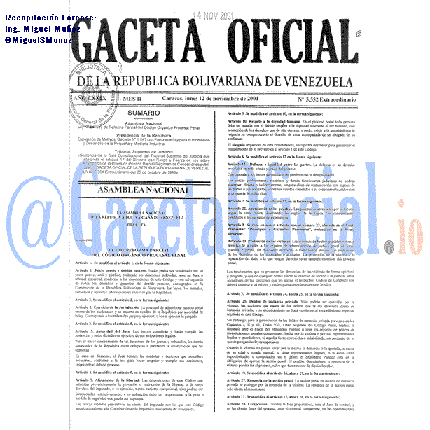 Gaceta Oficial de Venezuela #5552 del lunes 12 noviembre 2001 Gaceta Oficial 5552 del 12 Noviembre 2001