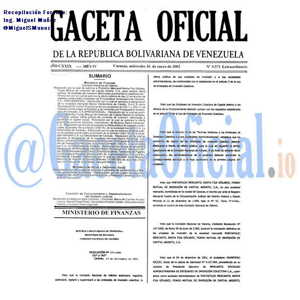 Gaceta Oficial 5571 del 16 Enero 2002