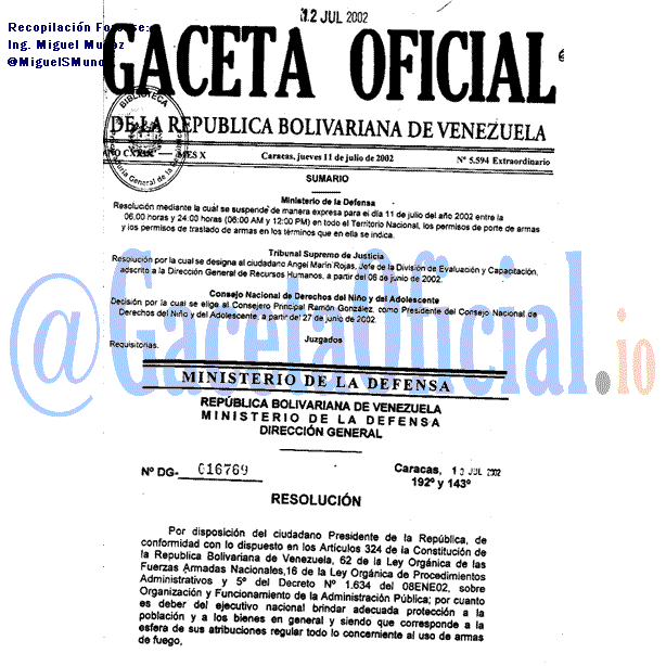 Gaceta Oficial 5594 del 11 Julio 2002