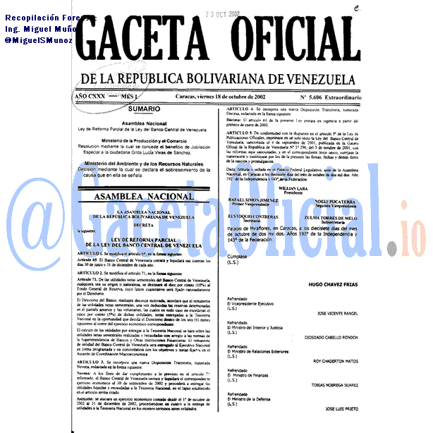 Gaceta Oficial 5606 del 18 Octubre 2002