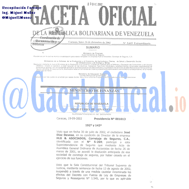 Gaceta Oficial 5615 del 16 Diciembre 2002