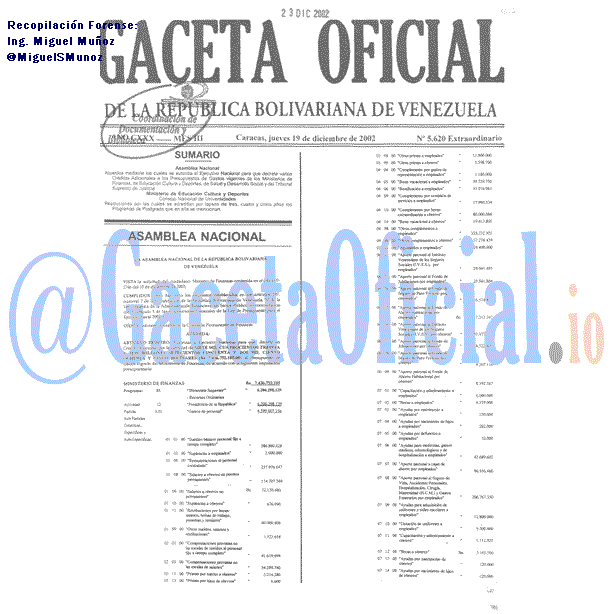 Gaceta Oficial 5620 del 19 Diciembre 2002