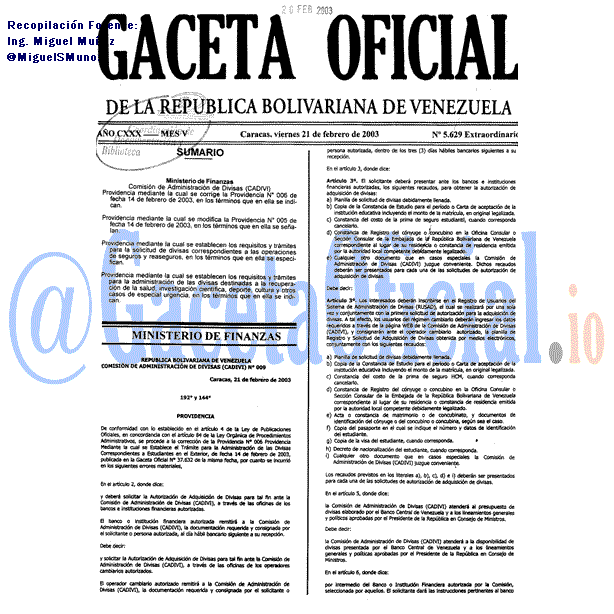 Gaceta Oficial 5629 del 21 Febrero 2003