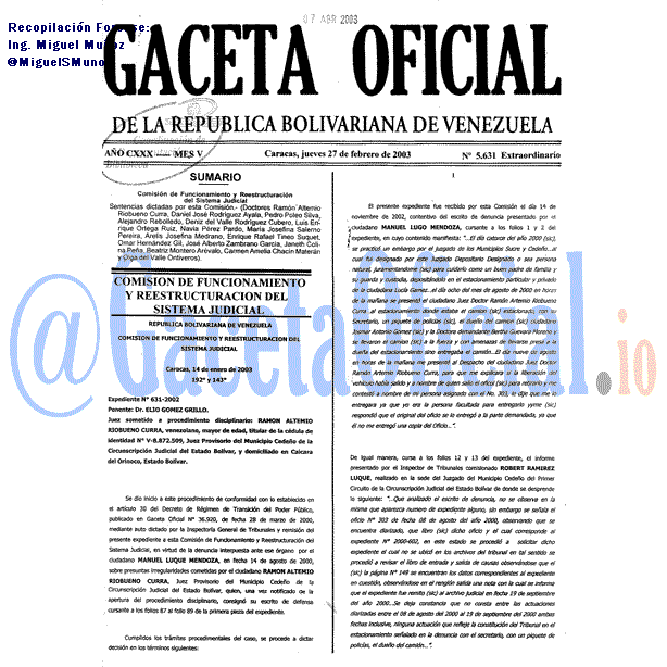 Gaceta Oficial 5631 del 27 Febrero 2003