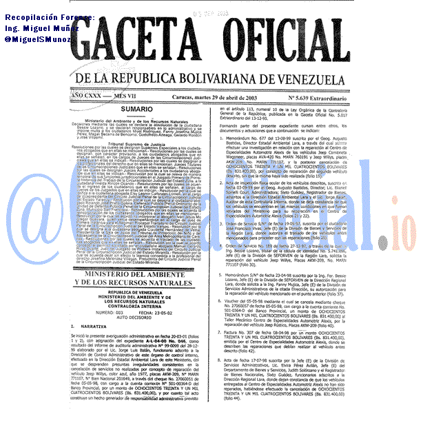 Gaceta Oficial 5639 del 29 Abril 2003