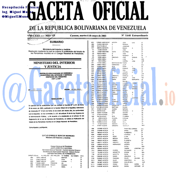 Gaceta Oficial 5640 del 6 Mayo 2003