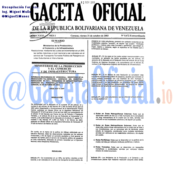 Gaceta Oficial 5672 del 31 Octubre 2003