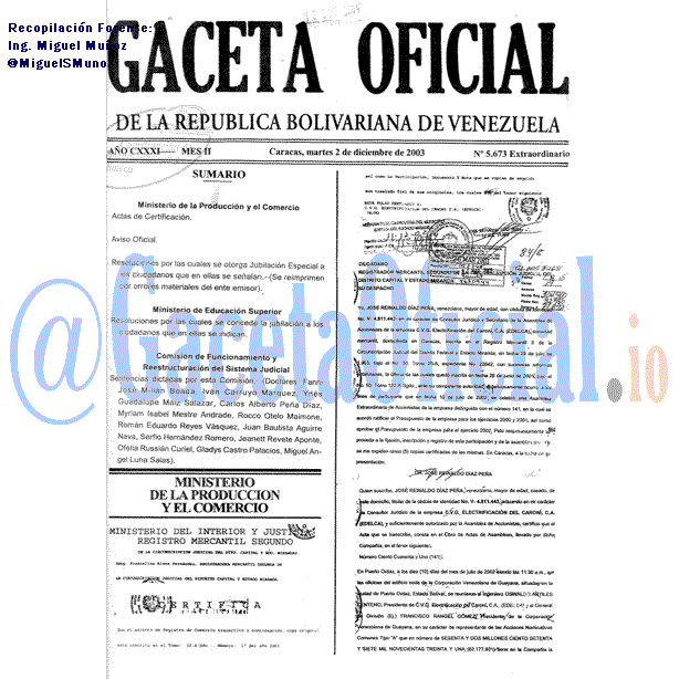Gaceta Oficial 5673 del 2 Diciembre 2003