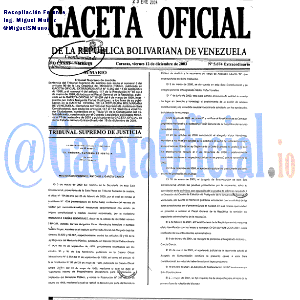 Gaceta Oficial 5674 del 12 Diciembre 2003