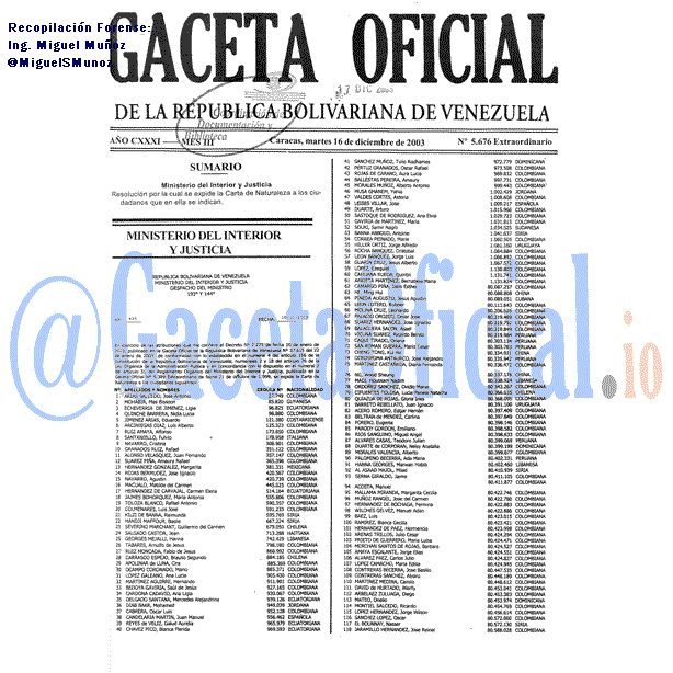 Gaceta Oficial 5676 del 16 Diciembre 2003