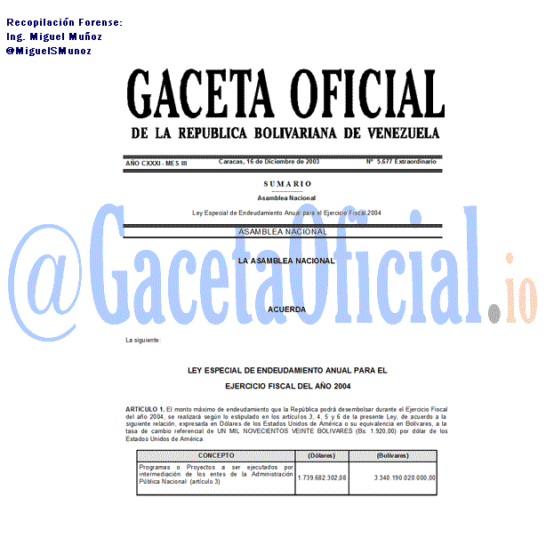 Gaceta Oficial 5677 del 16 Diciembre 2003