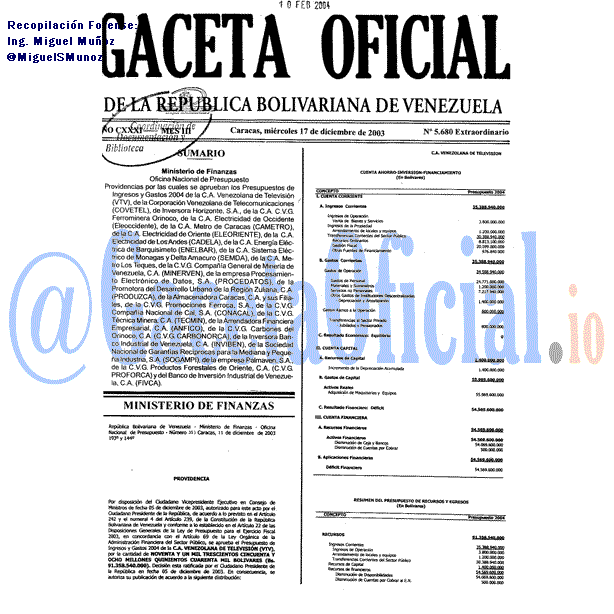 Gaceta Oficial 5680 del 17 Diciembre 2003