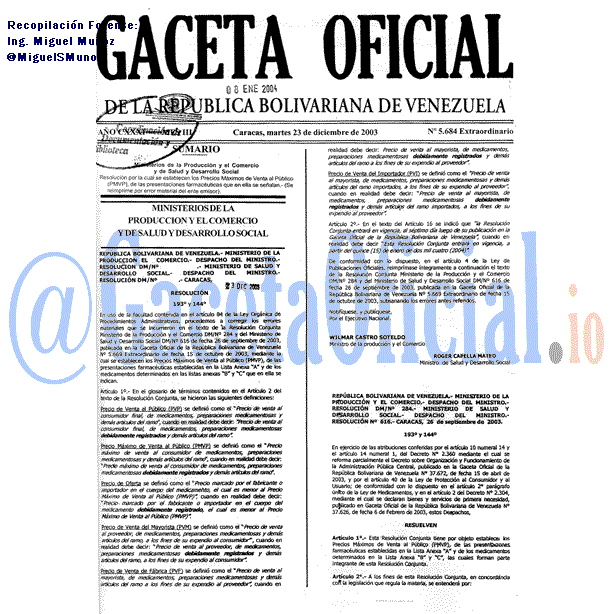 Gaceta Oficial 5684 del 23 Diciembre 2003