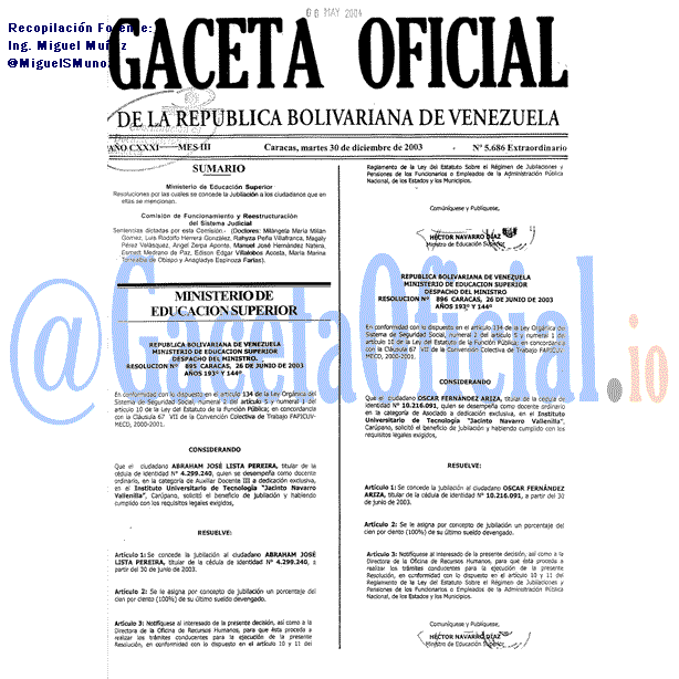 Gaceta Oficial 5686 del 30 Diciembre 2003