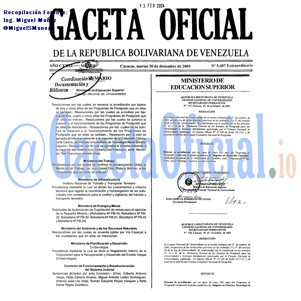 Gaceta Oficial 5687 del 30 Diciembre 2003