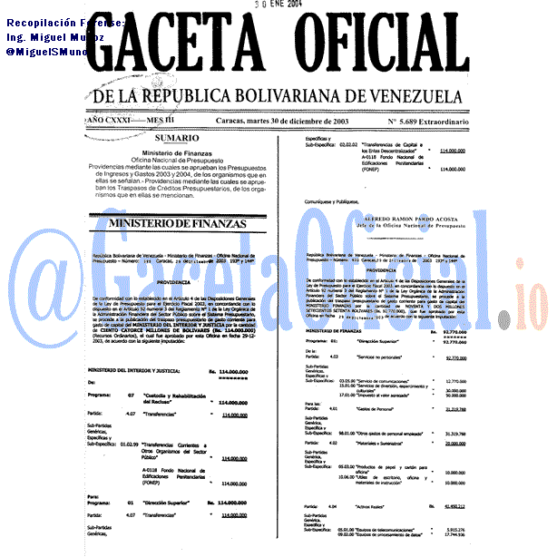Gaceta Oficial 5689 del 30 Diciembre 2003