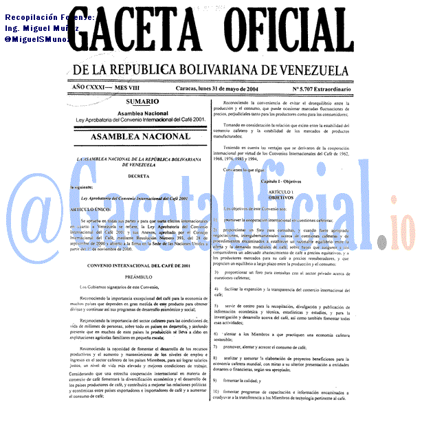 Gaceta Oficial 5707 del 31 Mayo 2004