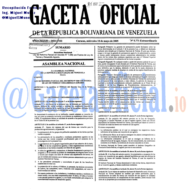Gaceta Oficial 5771 del 18 Mayo 2005