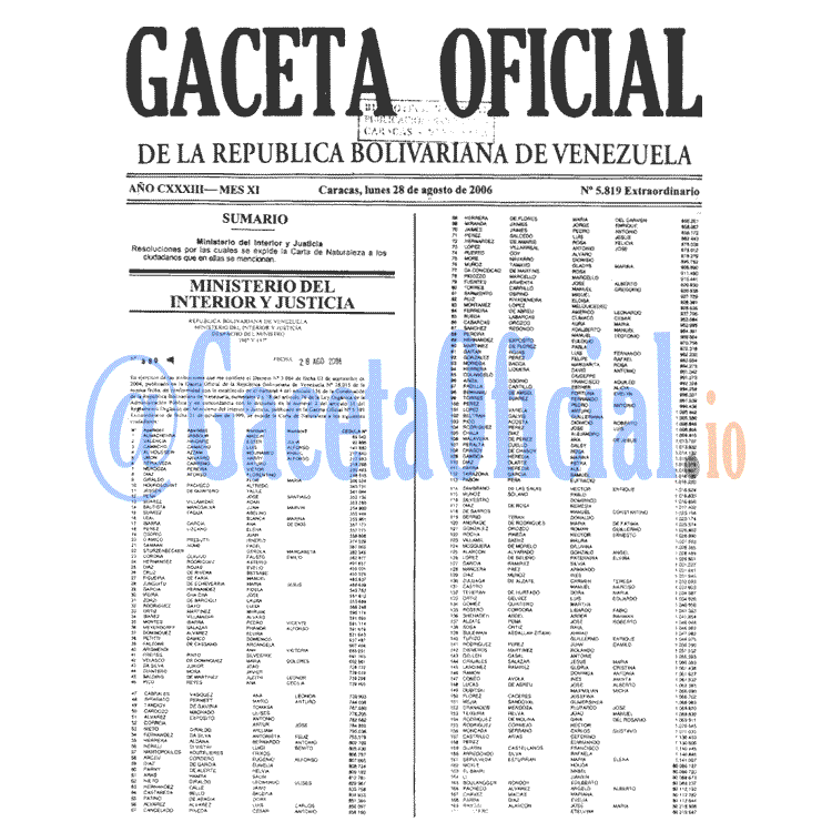 Gaceta Oficial de Venezuela #5819 del lunes 28 agosto 2006 Gaceta Oficial 5819 del 28 Agosto 2006