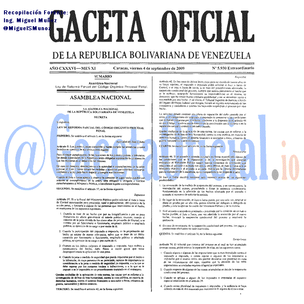 Gaceta Oficial de Venezuela #5930 del viernes 4 septiembre 2009 Gaceta Oficial 5930 del 4 Septiembre 2009