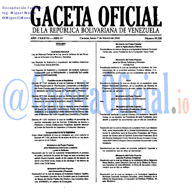 Gaceta Oficial 39358 del 1 Febrero 2010