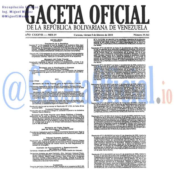 Gaceta Oficial 39362 del 5 Febrero 2010