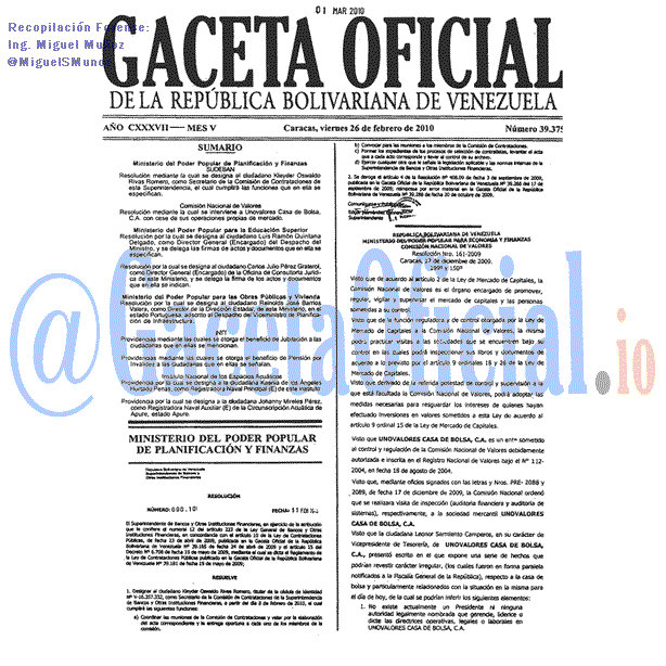 Gaceta Oficial 39375 del 26 Febrero 2010