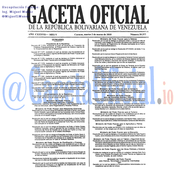 Gaceta Oficial 39377 del 2 Marzo 2010
