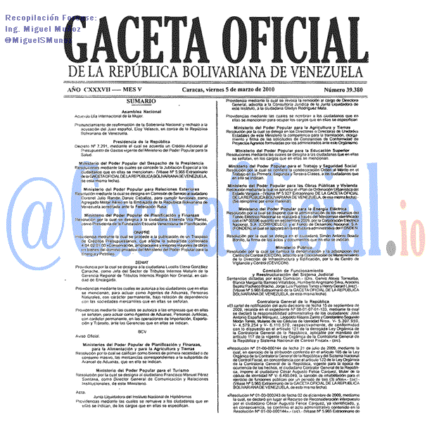 Gaceta Oficial 39380 del 5 Marzo 2010