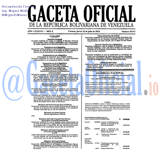 Gaceta Oficial 39471 del 22 Julio 2010