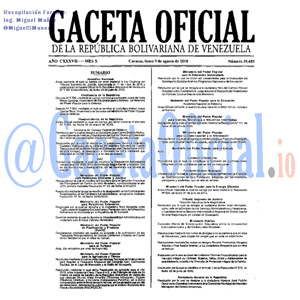Gaceta Oficial 39483 del 9 Agosto 2010