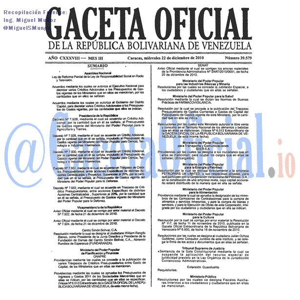 Gaceta Oficial 39579 del 22 Diciembre 2010