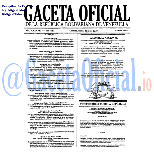 Gaceta Oficial 39585 del 3 Enero 2011