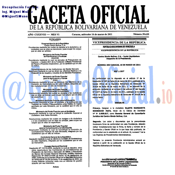 Gaceta Oficial 39635 del 16 Marzo 2011