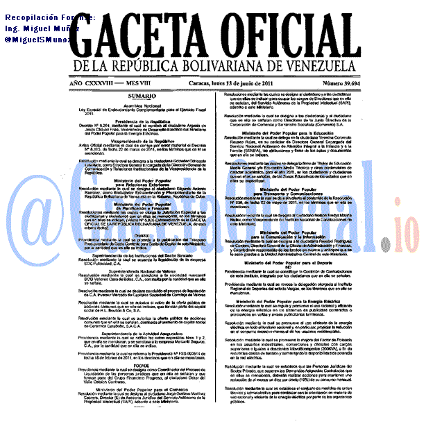 Gaceta Oficial 39694 del 13 Junio 2011
