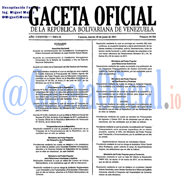 Gaceta Oficial 39703 del 28 Junio 2011