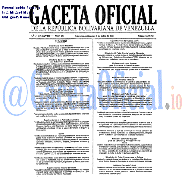 Gaceta Oficial 39707 del 6 Julio 2011