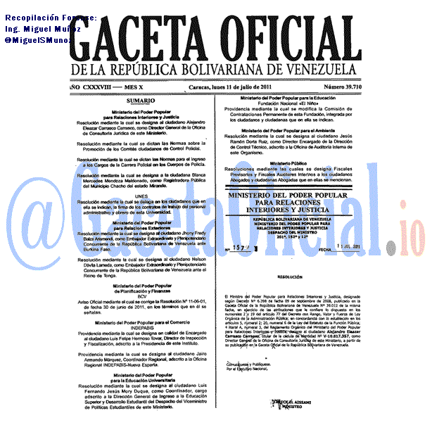 Gaceta Oficial 39710 del 11 Julio 2011