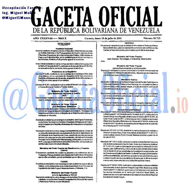 Gaceta Oficial 39715 del 18 Julio 2011